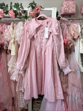 Romantic Pink Ruffle-Collar Midi Dress